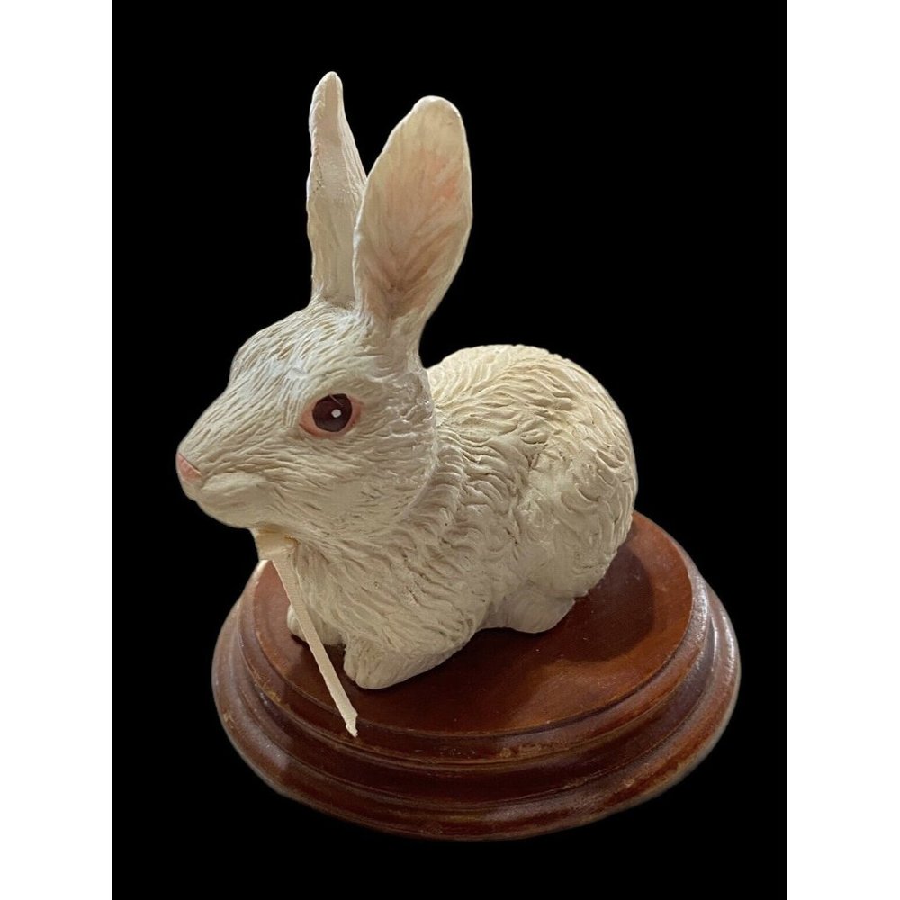 Vtg Bunny Rabbit Figurine Pink Bow Resin Wooden Base Chinese Craftsman Taiwan